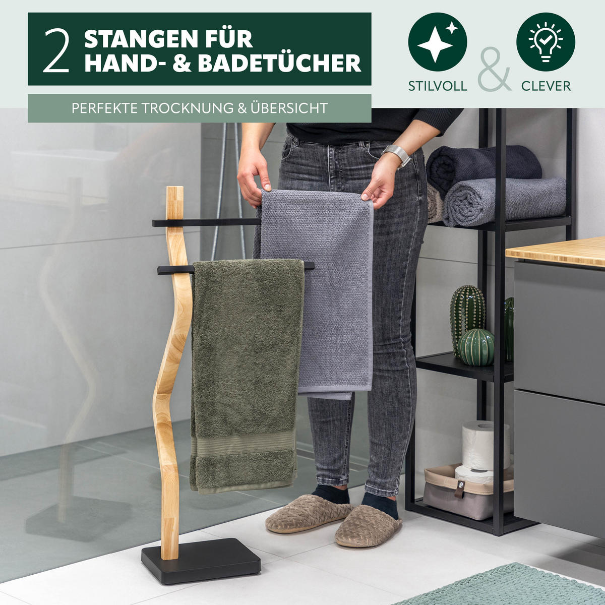 STAND-HANDTUCHHALTER, schwarz - Schwarz, Holz (37/85.5/18cm) - eluno