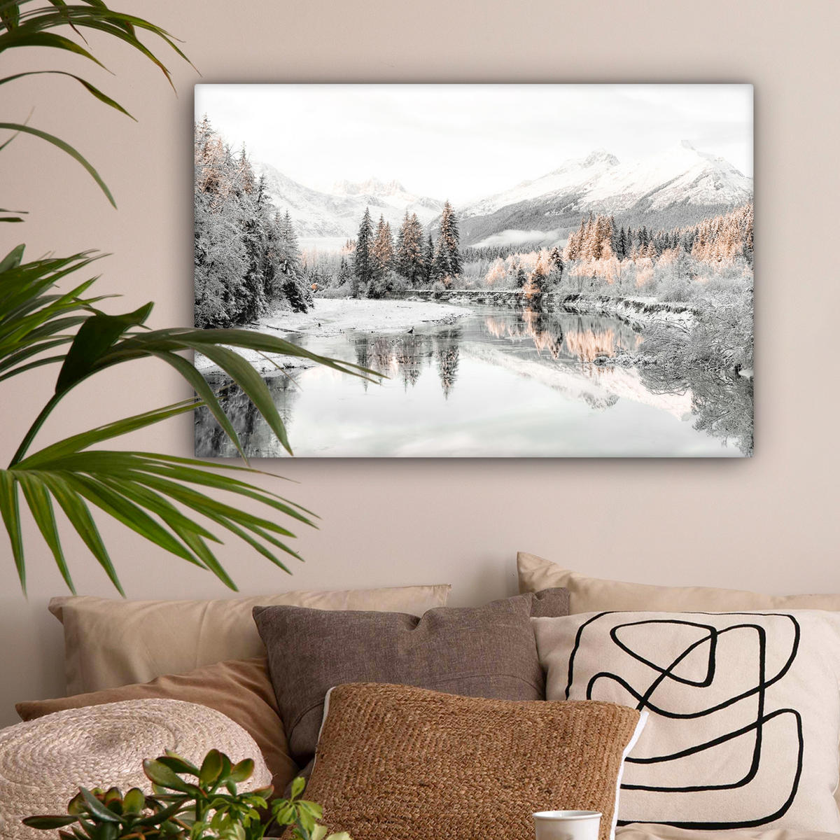 LEINWANDBILD Natur - Winter - Bäume - Berge - Schnee Wanddeko 90x60 cm - Weiß Hochglanz, Textil (90/60cm) - MuchoWow