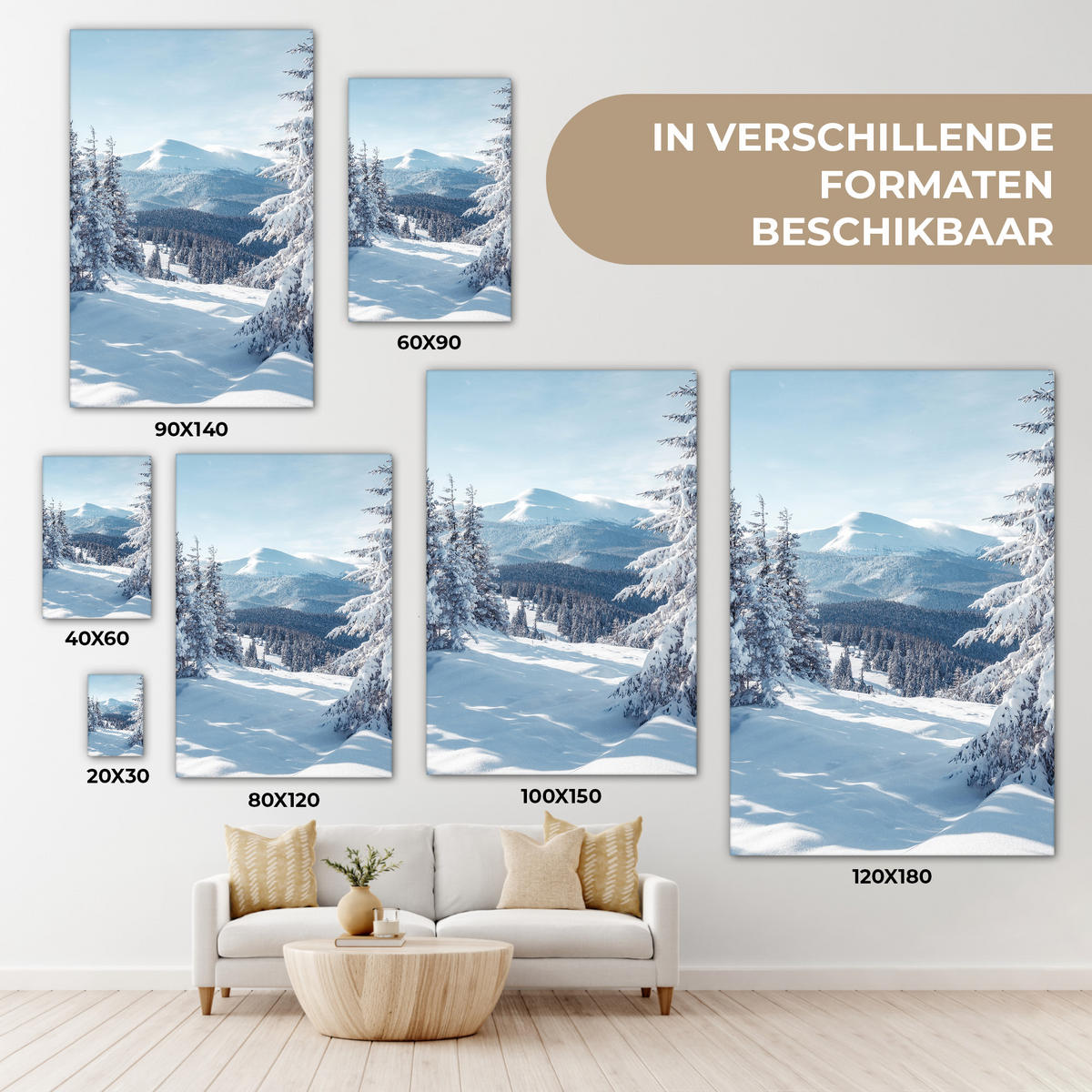 LEINWANDBILD Winterlandschaft - Natur - Berge - Bäume - Schnee Deko Groß 90x140 cm - Hellblau, Textil (90/140cm) - MuchoWow