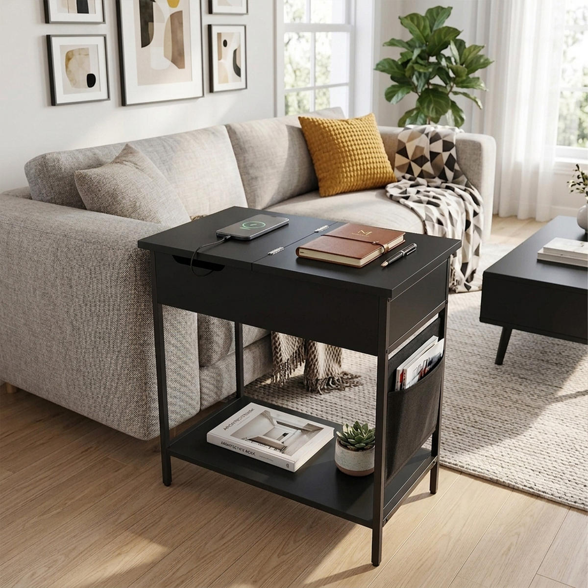 BOČNÝ stolík - čierna, kov/kompozitné drevo (31.5/30/60cm) - Relaxdays