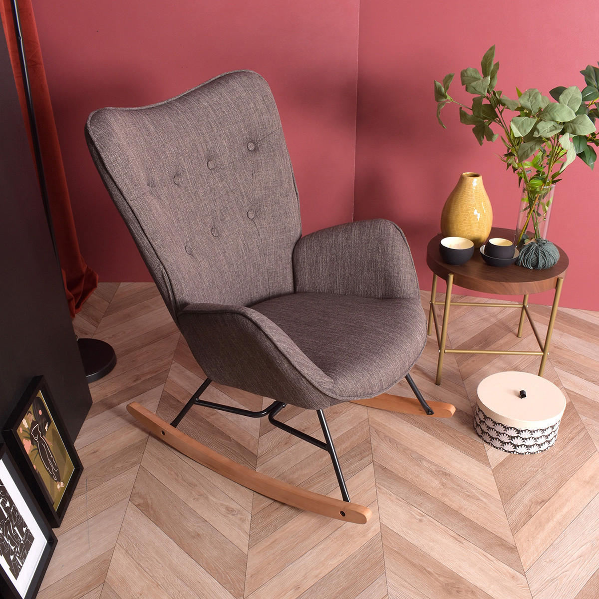 SCHAUKELSTUHL in Webstoff Grau - Dunkelbraun, Textil/Metall (66/97/84cm) - Meubles Cosy