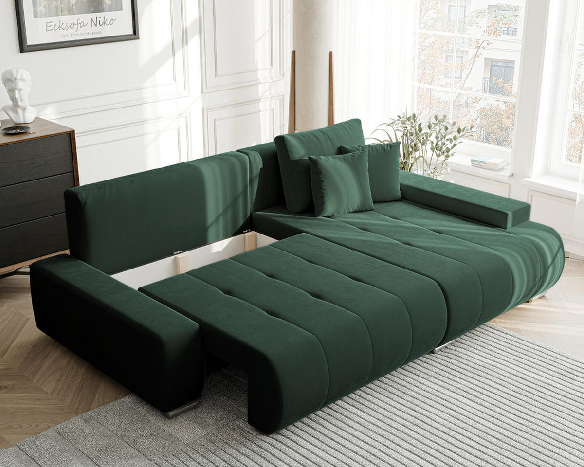 ECKSOFA NIKO Rechts, mit Schlaffunktion und Bettkasten, Grün - Grün, Textil (227/153cm) - Idohome