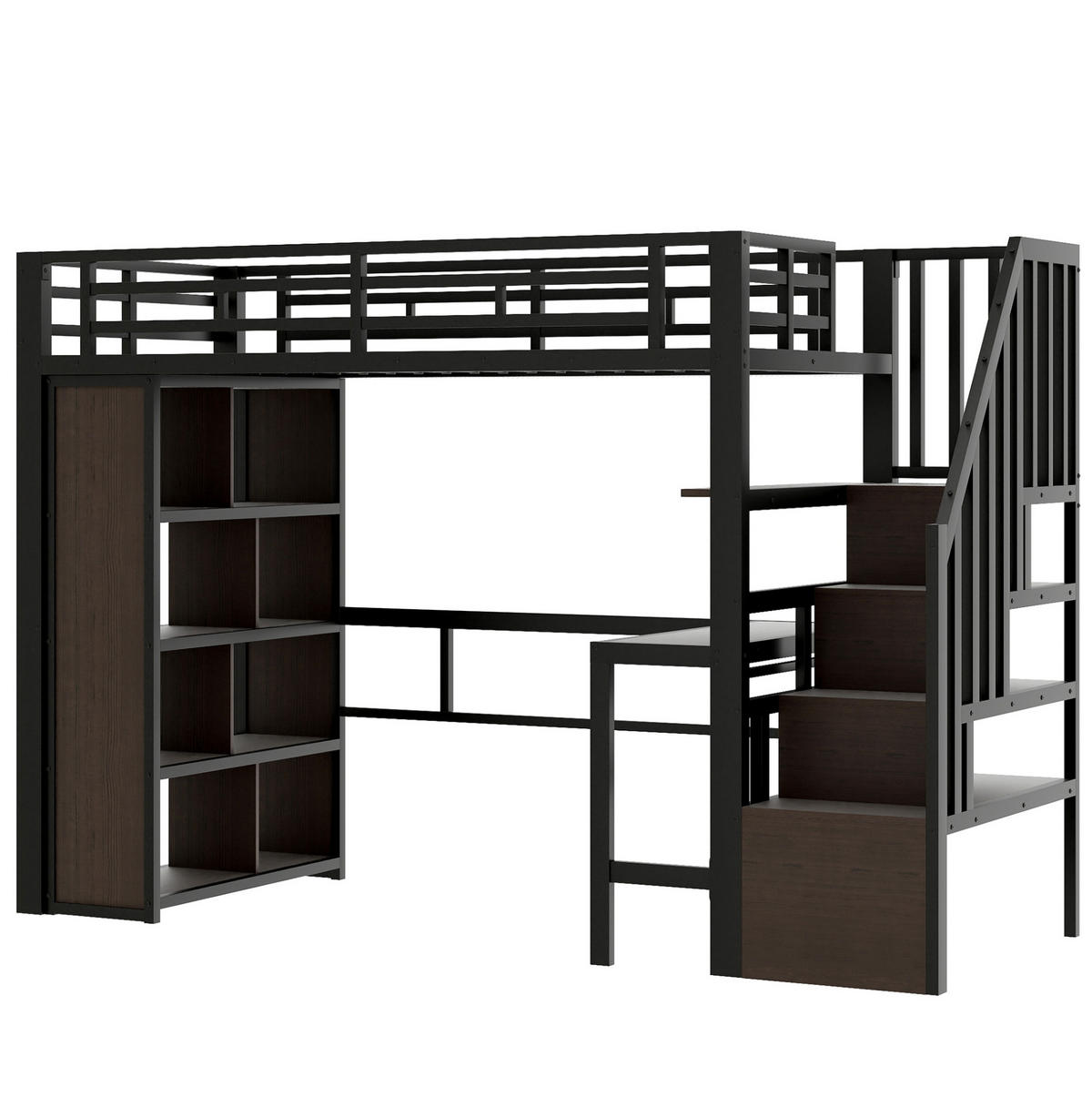 HOCHBETT 90/200 cm aus Metall/MDF mit Schreibtisch, Stauraumtreppe und LED-Lichtleiste Schwarz - Schwarz, Metall (90/200cm) - Modenvie