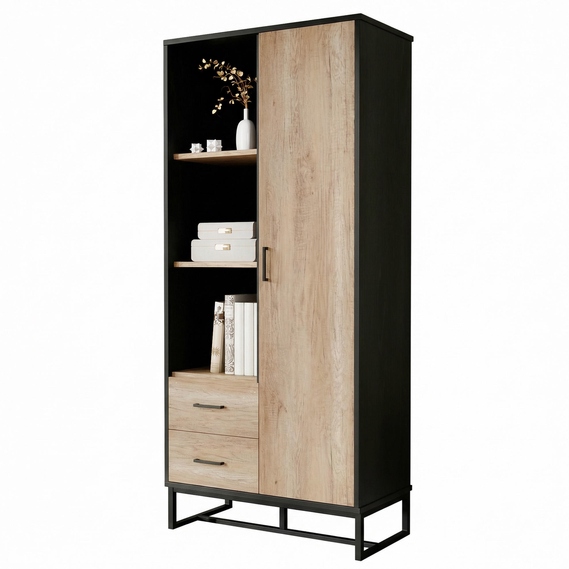 HIGHBOARD mit 1 Tür, 2 Schubladen 80x40x180 cm MDF Schwarz/Holzoptik - Schwarz, Holzwerkstoff (40/180/80cm) - Beauniv