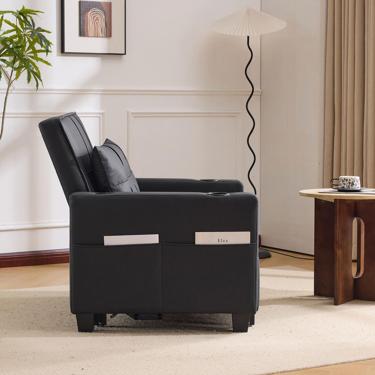 RELAXSESSEL 87/74/84 cm Schwarz mit Getränkehaltern und USB Anschluss - Schwarz, Textil (74/84/87cm) - Oxeza