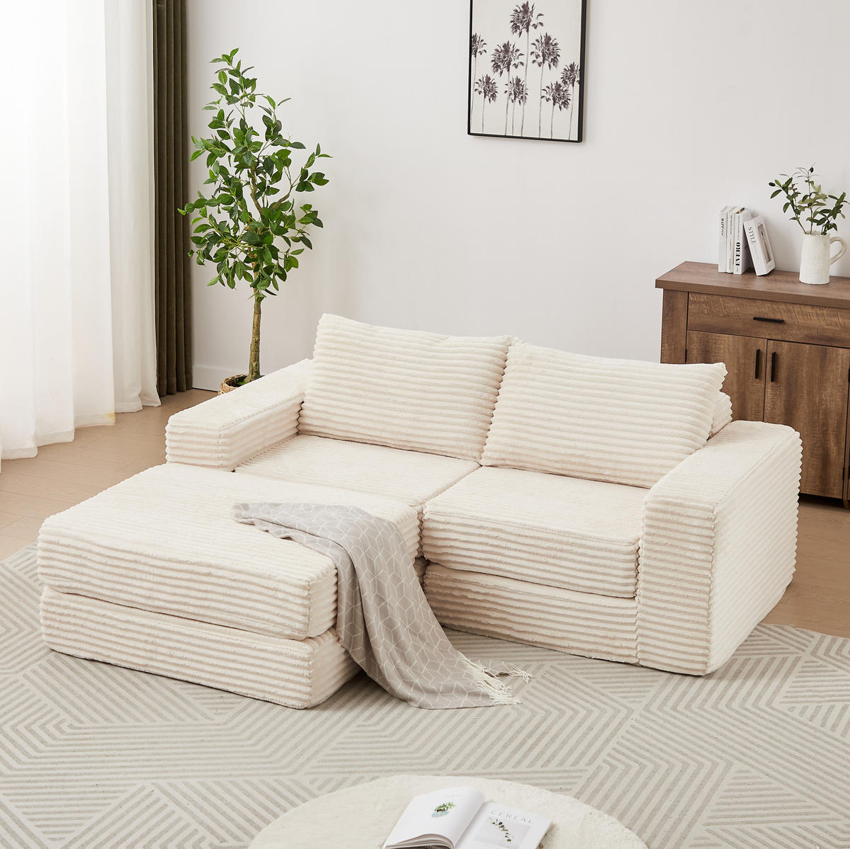 SOFA na razvlačenje bež od samta s pomičnim tabureom i modularnim rasporedom - bež, tekstil (169.5/74/194cm) - OKWISH