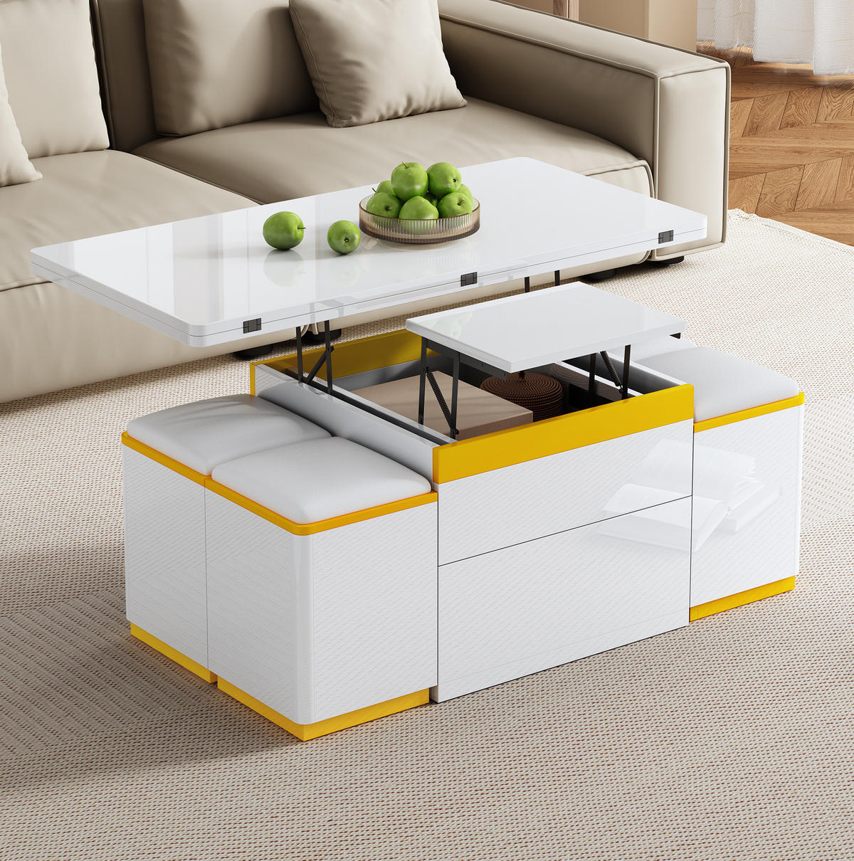 COUCHTISCH 100/50/43 cm weiß/gelb aus MDF und Spanplatte mit Hebe- und Klappfunktion - Weiß, Holzwerkstoff (100/50/43cm) - OKMYHOME