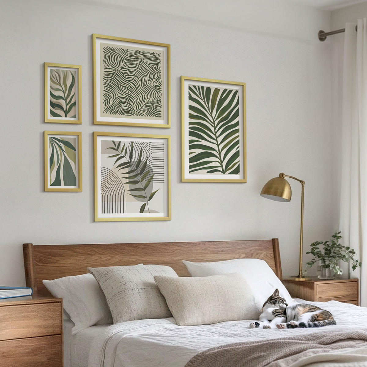 BILDER SET 5er Set - 50x50 cm & 20x30 cm & 40x60 cm Goldrahmen - Blätter, Wellen – Pastellillustrationen - Goldfarben, Kunststoff (40/60cm) - TULUP