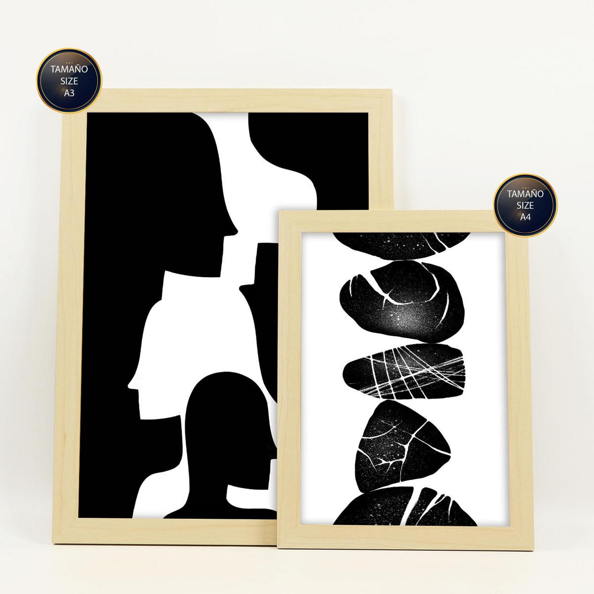 POSTER Set Mit 6 Atavistischer Kopf In Liebhaber Abstrakt Ästhetische Dekorative Gemälde Für Ihr Wohnzimmer Zuhause A3 & A4 Rahmen Aus Hellem Holz - Beige, Papier (29/3cm) - Nacnic