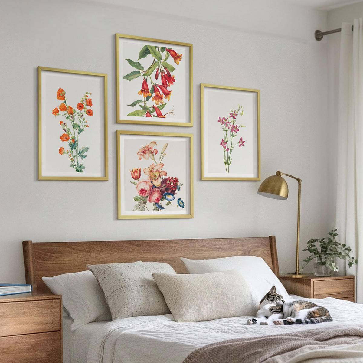 BILDER SET 4er Set - 50x50 cm & 40x60 cm Goldrahmen - Blumenmalerei im Retro-Stil - Goldfarben, Kunststoff (50/50cm) - TULUP
