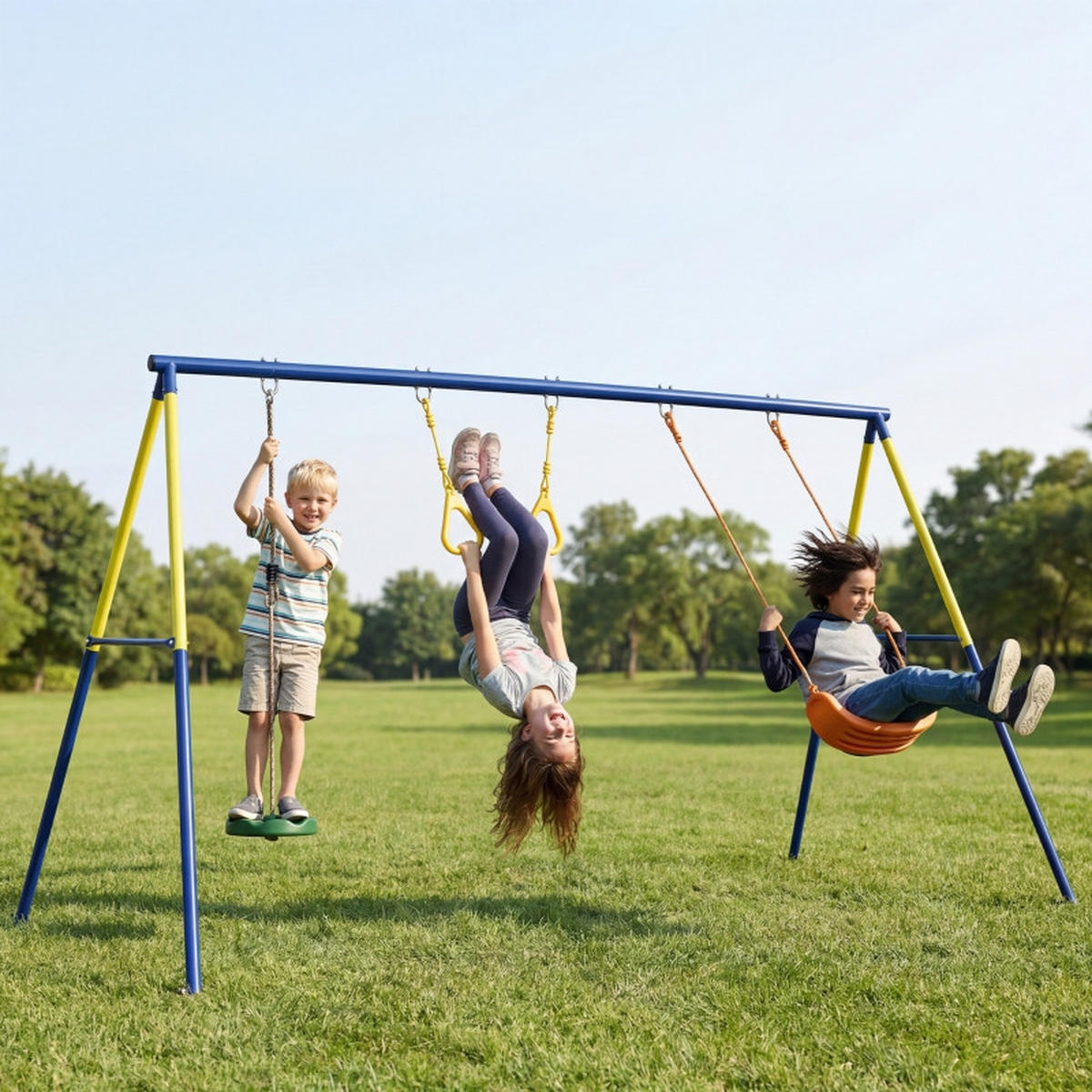 KINDERSCHAUKEL mit klassischer Schaukel 3-in-1, Turnringe, Stehschaukel, 285x160x181cm - Blau, Metall (160/285cm) - Hauptrolle