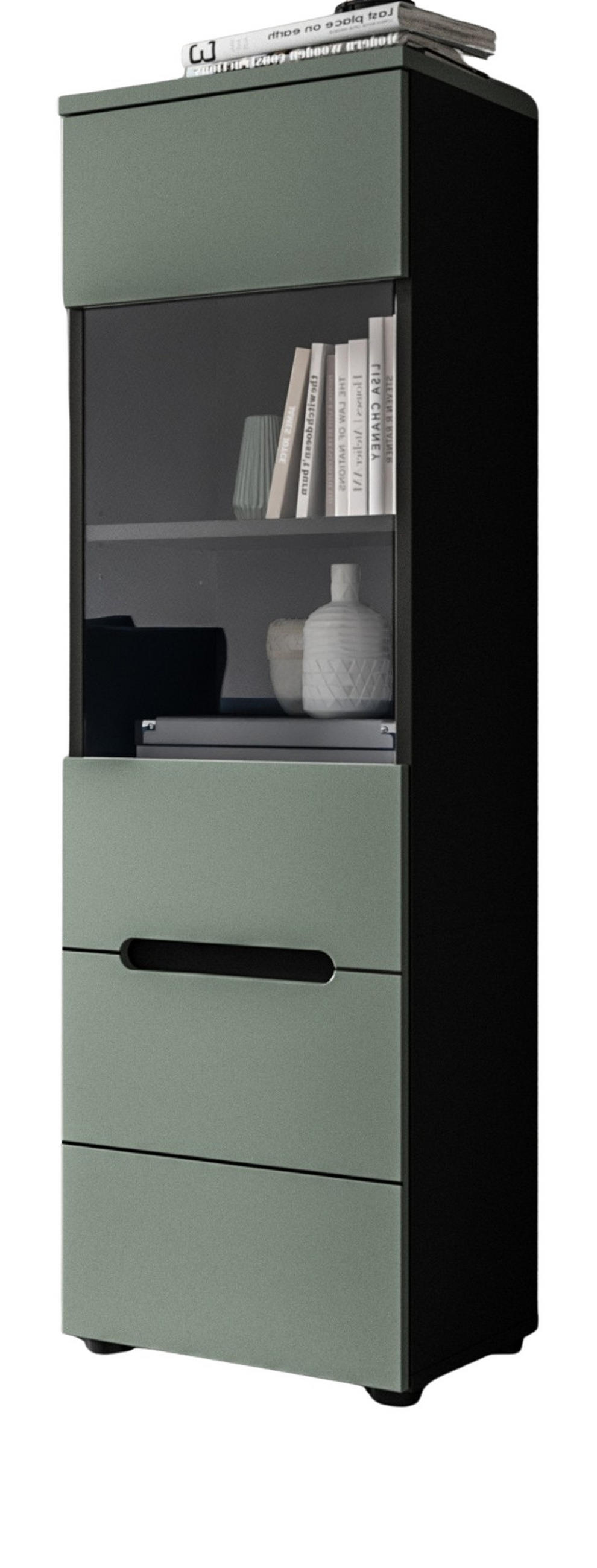 VITRINE Salbei Grün, Basalt Grau hängend / stehend 36 cm mit Soft-Close - Salbeigrün/Schwarz, Glas/Holzwerkstoff (36/125/33cm) - Inn.Furn