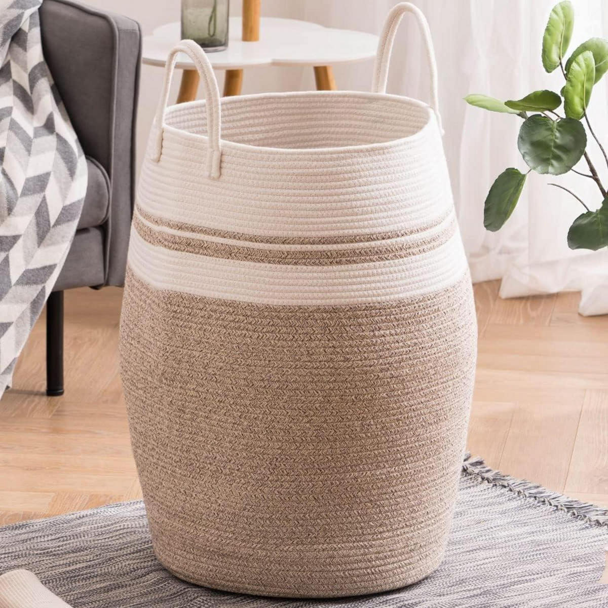 WÄSCHEKORB geflochten Baumwolle Braun Streifen 105L - Multicolor, Textil (38/50/38cm)