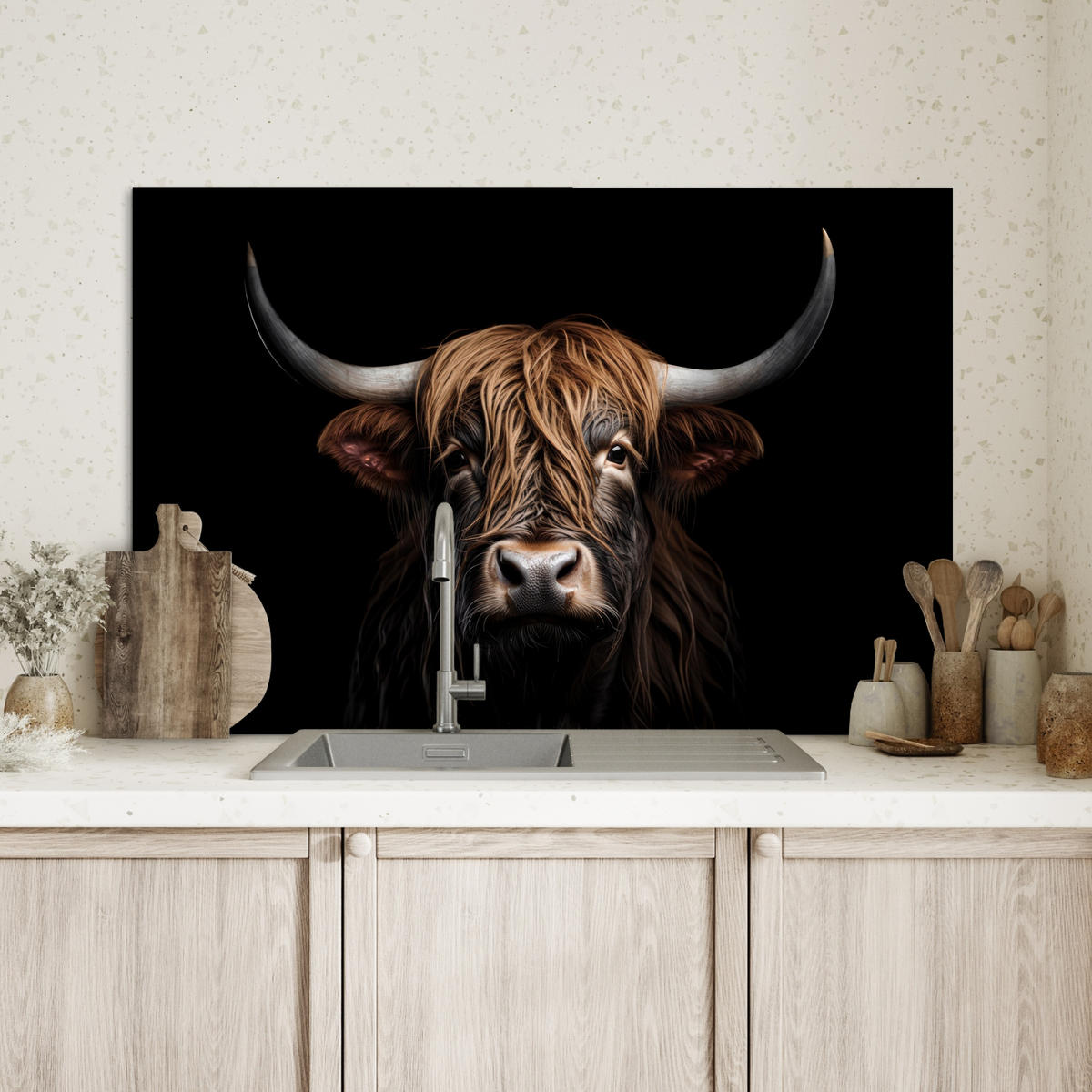 SPRITZSCHUTZ KÜCHE Schottischer Highlander - Porträt - Schwarz - Tier 80x55 cm - Braun, Metall (80/0.3/55cm) - MuchoWow