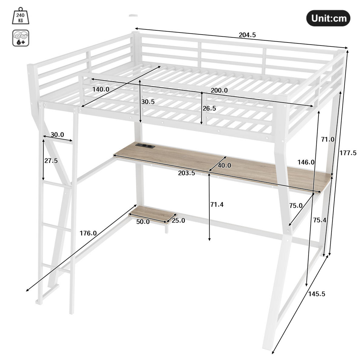 HOCHBETT 140/200 cm in Weiß mit LED-Beleuchtung, Schreibtisch und USB-Anschluss - Weiß, Metall (140/200cm) - Flora Grace
