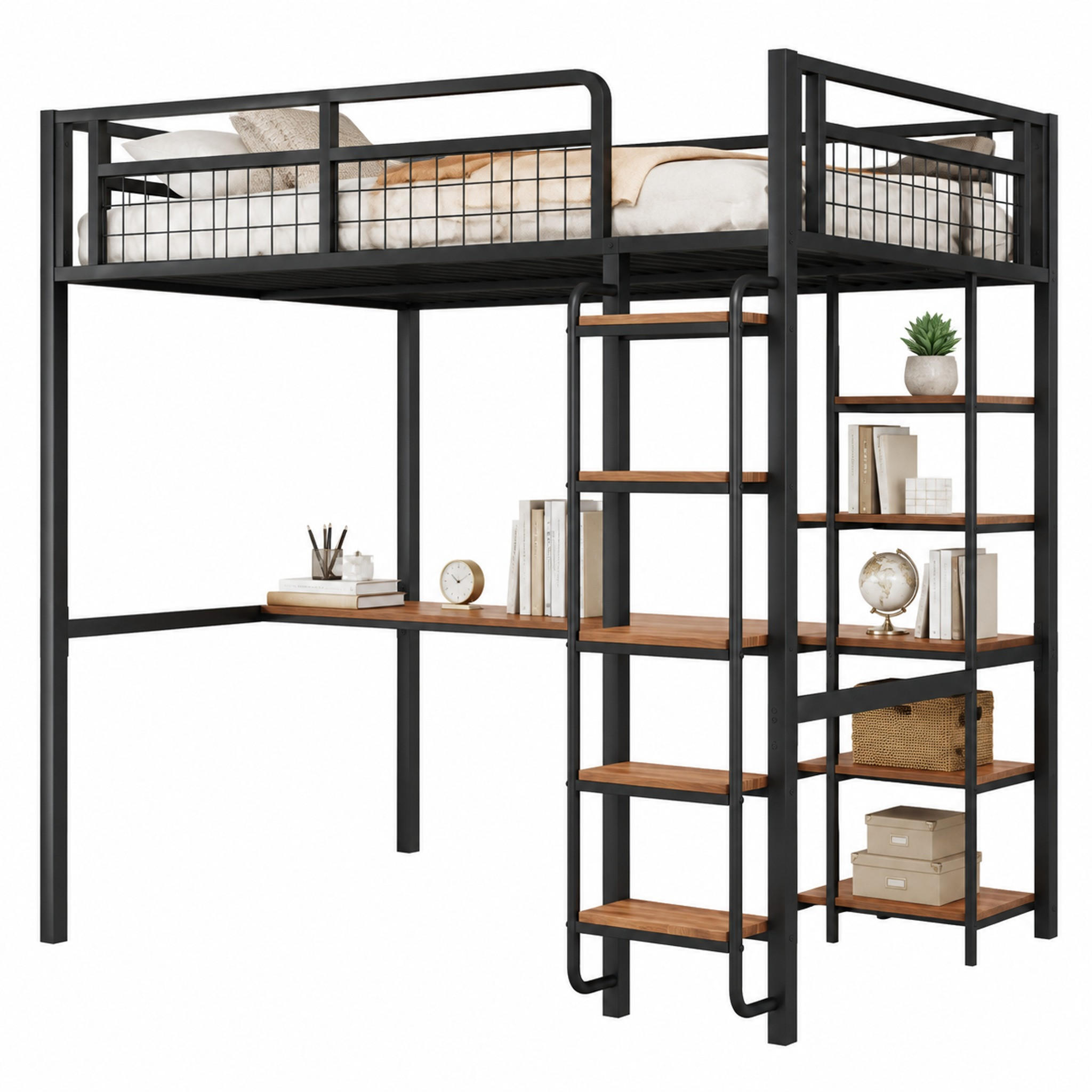 HOCHBETT mit Schreibtisch und Regal 140x200 cm Metall Schwarz - Schwarz, Metall (140/200cm) - Meubliv