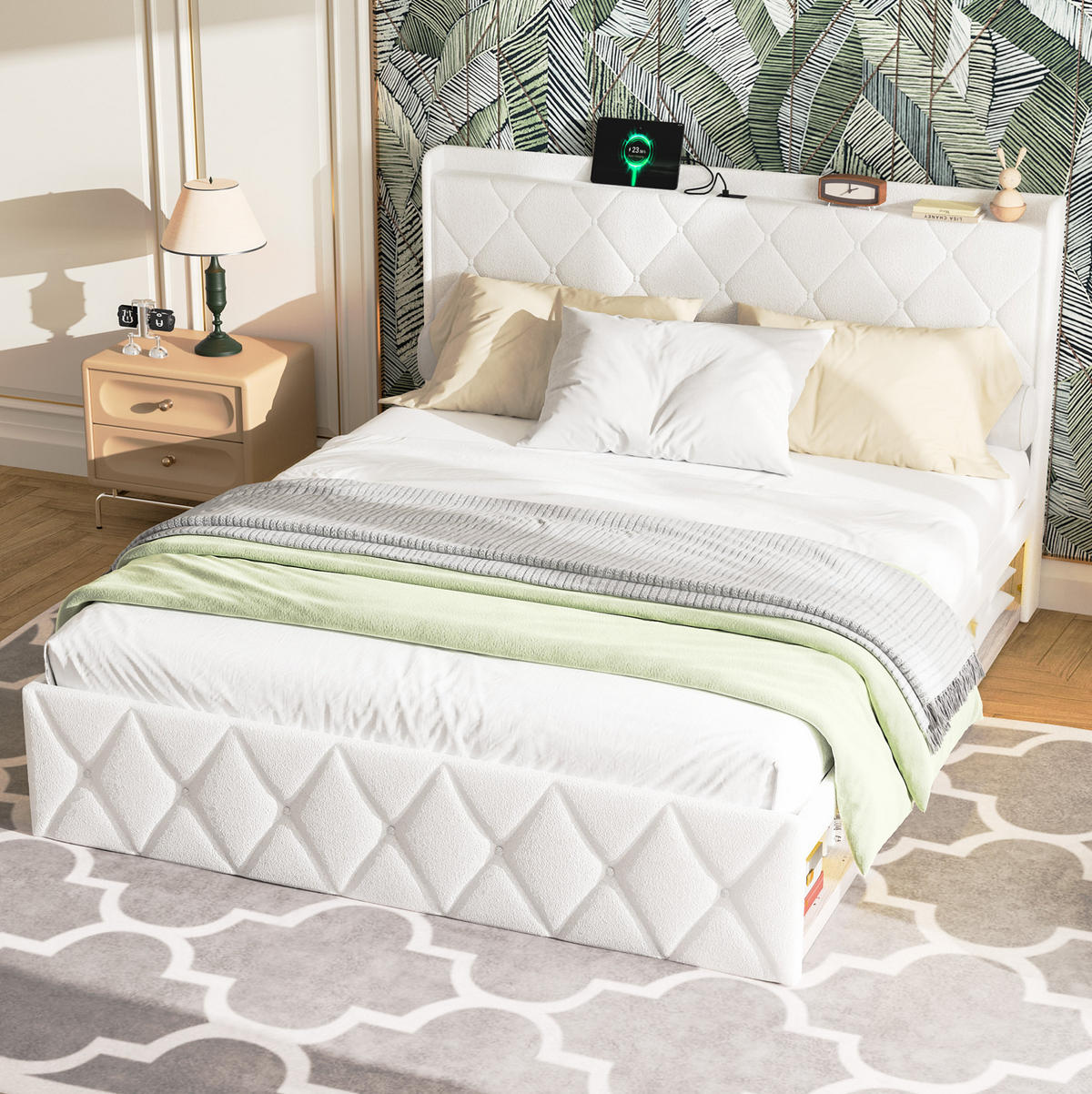 BETT mit USB und LED 140x200 cm Teddy White - Weiß, Holz (140/200cm) - Meubliv