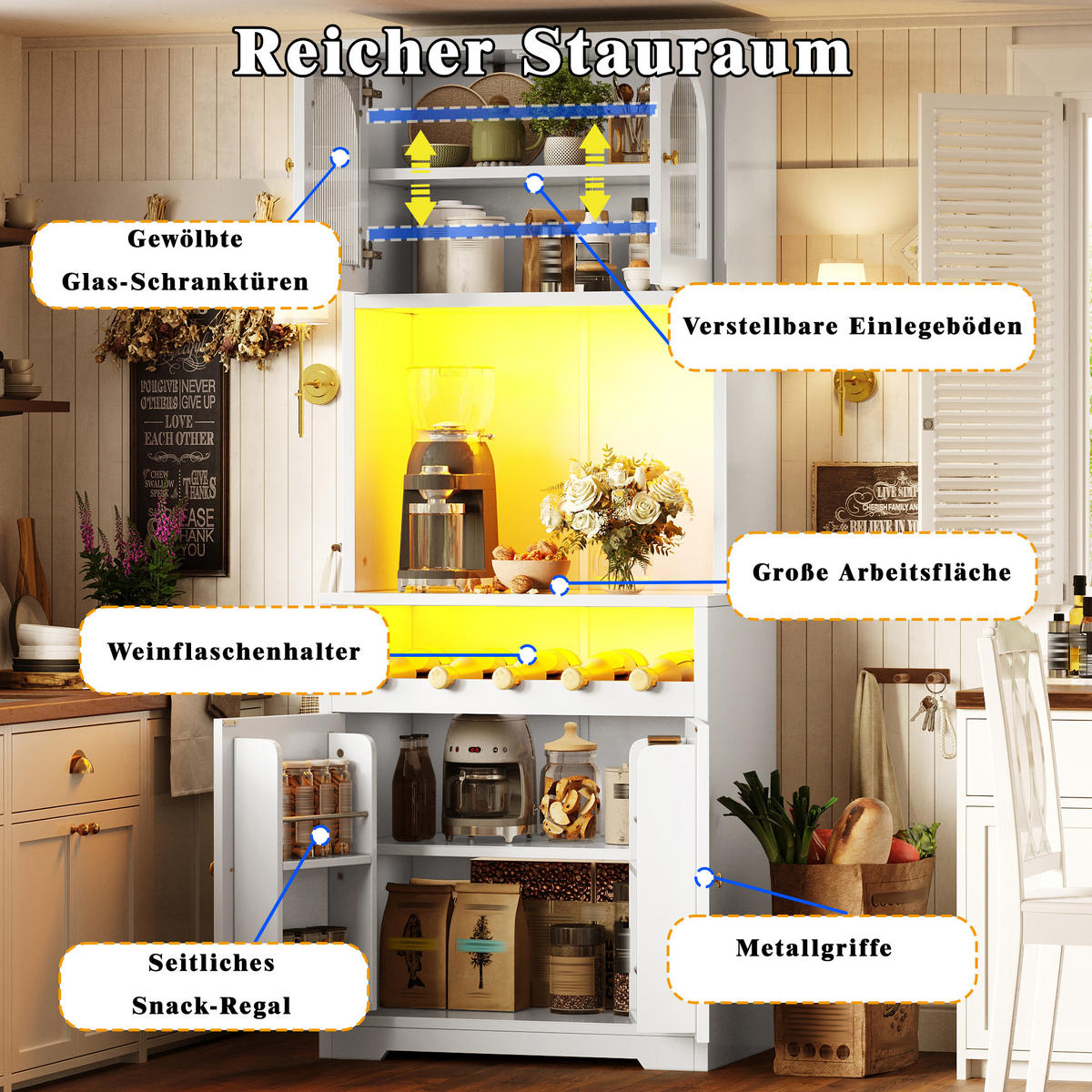 HOCHBUFFETSCHRANK 180cm RGB LED App Glastüren Weinregal Weiß - Weiß, Metall (70/180/38.3cm) - FLIEKS