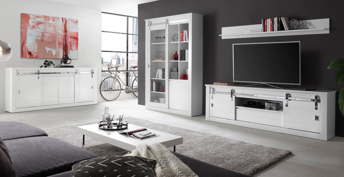 WOHNWAND weiß Hochglanz 349 cm 3-teilig, Wohnkombination mit Soft-Close - Chromfarben/Weiß Hochglanz, Glas/Holzwerkstoff (349/201/43cm) - Furn.Design