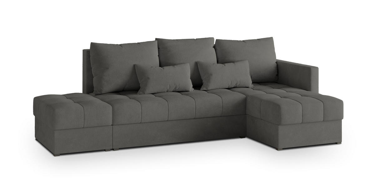 ECKSOFA LUMARI R-S Grau Plüsch-Stoff mit Schlaffunktion - Grau, Holz (262/143cm) - MASSENO