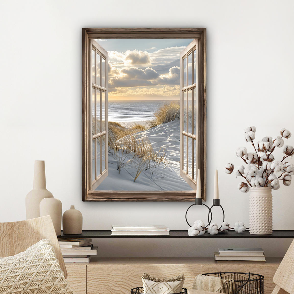 LEINWANDBILD Ausblick - Strand - Dünen - Meer - Natur Wandbild Wohnzimmer 60x80 cm - Sandfarben, Textil (60/80cm) - MuchoWow