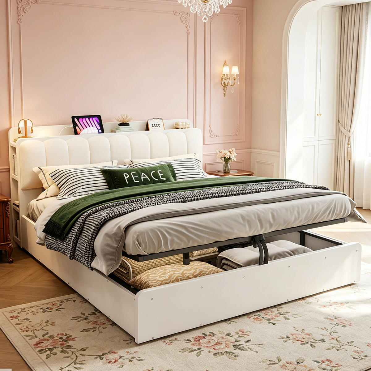 BETT 180/200 cm in Weiß mit Bettkasten, USB, Steckdose und Ablage - Weiß, Holzwerkstoff/Textil (180/200cm) - STILVORA