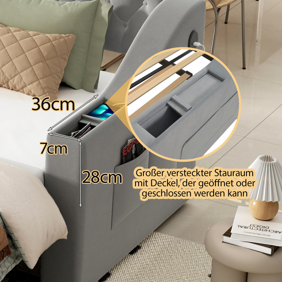 POLSTERBETT 90/180x190 cm USB Samt grau - Grau, Textil (180/190cm) - LEBENLANG
