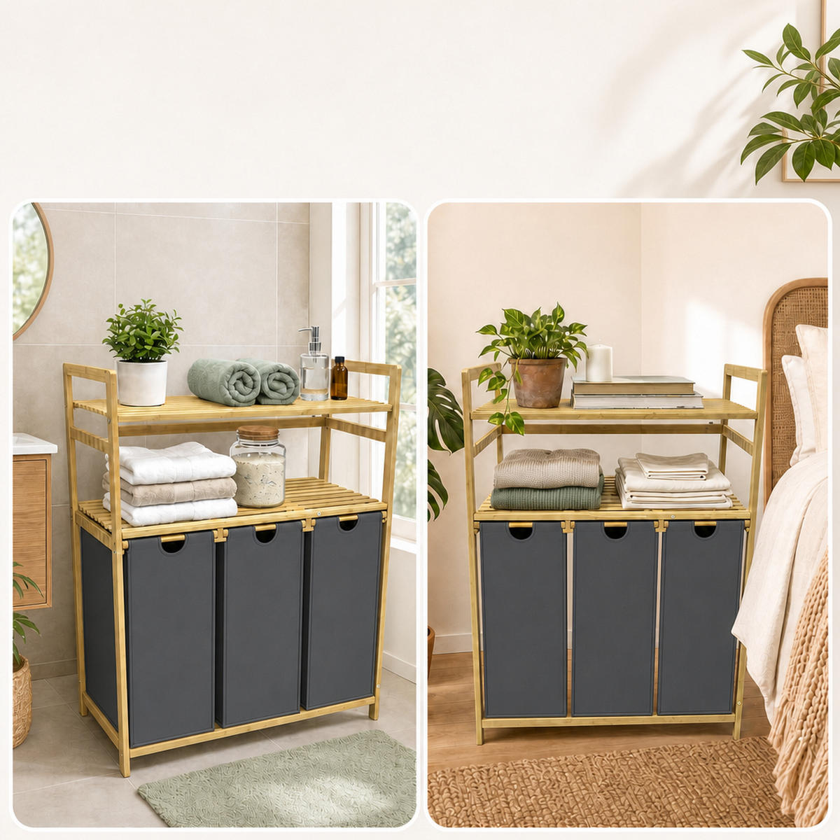 WÄSCHESAMMLER Natur Grau 3er-Set Bambus - Multicolor, Holz/Textil (78/100/41.5cm) - Relaxdays