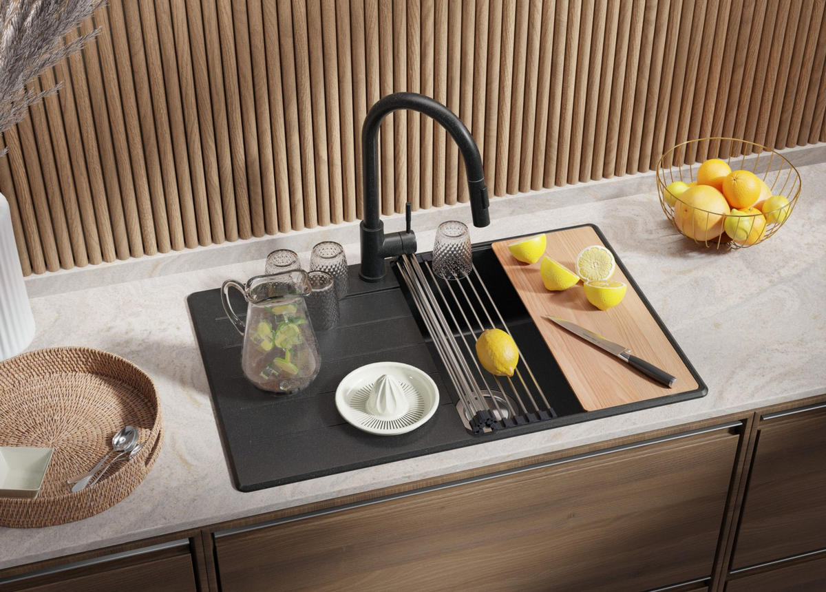 SPÜLBECKEN Kopenhagen, 2-er set Anthrazit 78/50 cm 1 Becken + Ablauf-Set + Schneidebrett ab 50er Unterschrank - Chromfarben/Anthrazit, Kunststoff (78/20/50cm) - Primagran