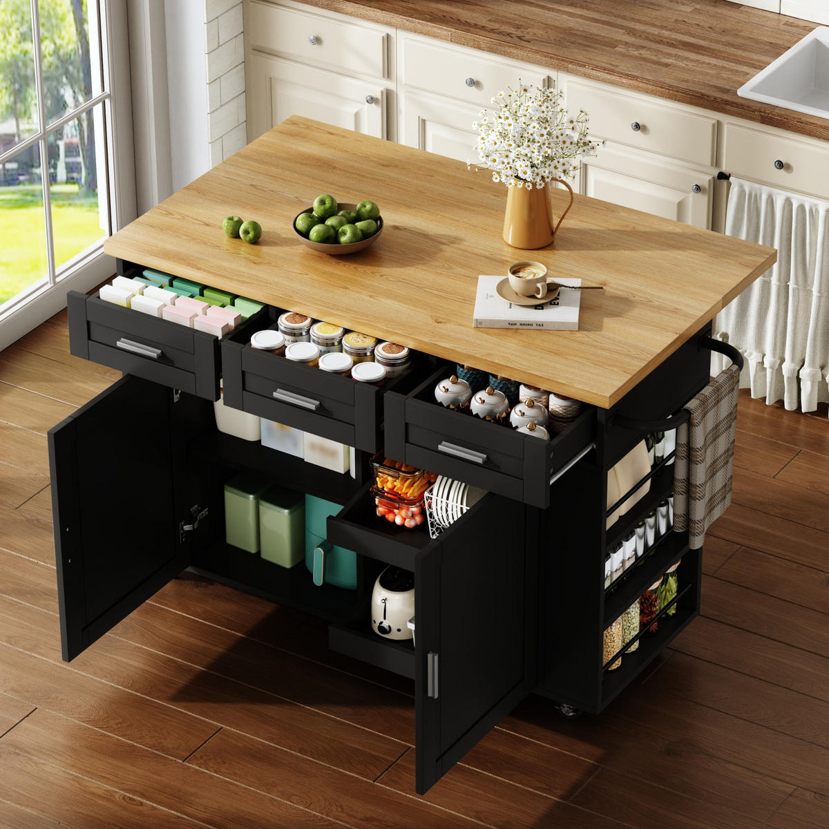 KÜCHENINSEL 84 cm MDF Natur Schwarz mit Klappbarer Arbeitsplatte und USB-Steckdose - Schwarz, Holzwerkstoff (70/84/120cm) - Korfee