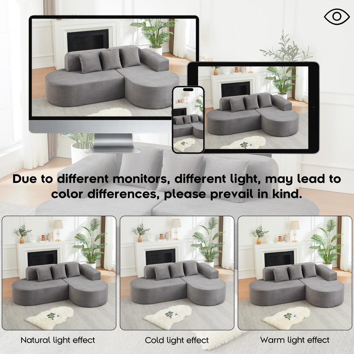 ECKSOFA 220/155/70 cm Grau Cord mit 3 Kissen, Rechte Seite - Grau, Textil (220/155cm) - Oxeza