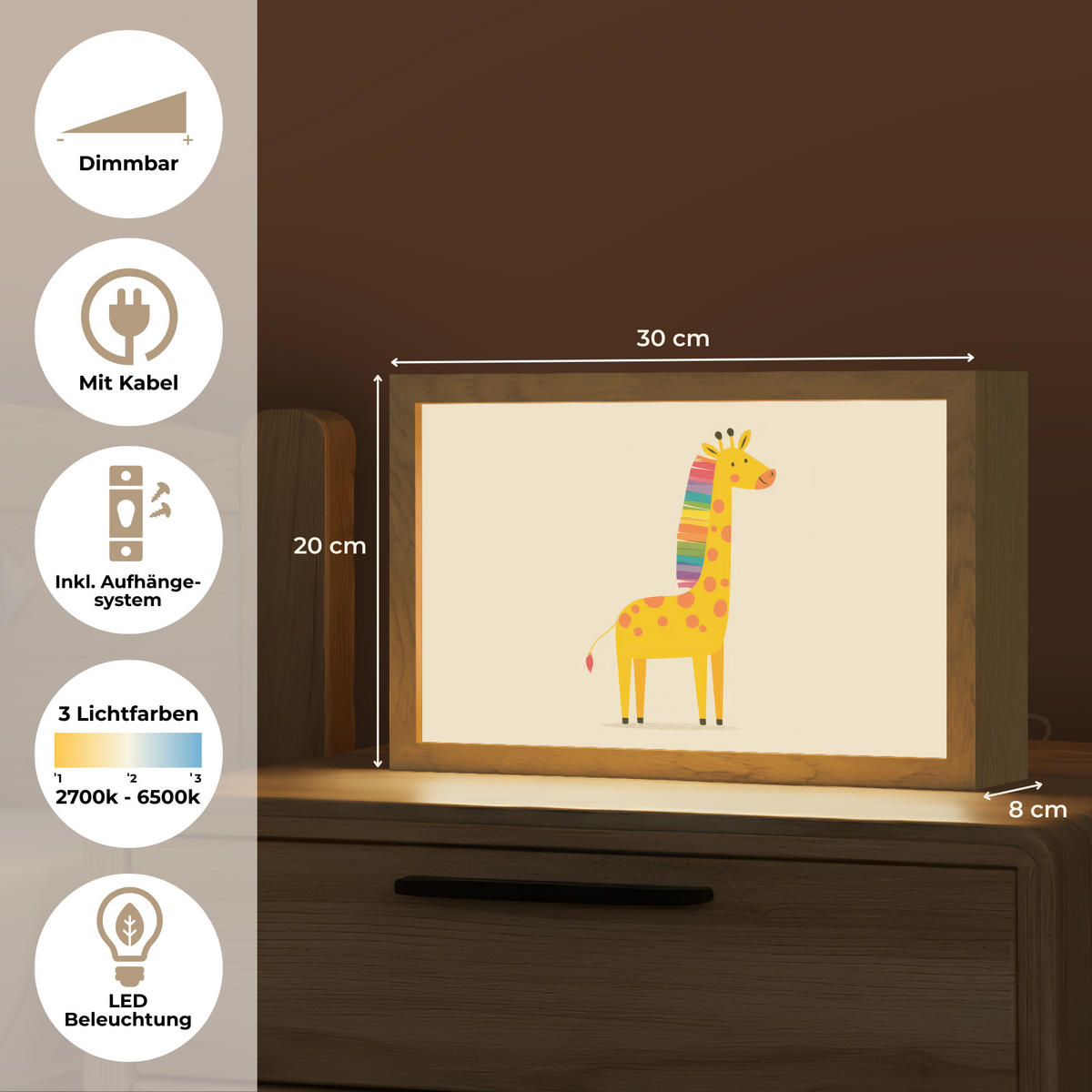 NACHTTISCHLAMPE Giraffe - Regenbogenmähne - Beige 30x20 cm - Beige, Holzwerkstoff (8/30/20cm)