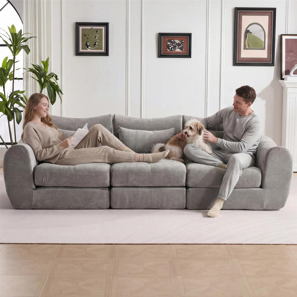 SCHLAFSOFA 3-Sitzer, Chenille Sofa mit Kompressionsdesign, Grau - Grau, Textil (262/78/97cm) - Kaket