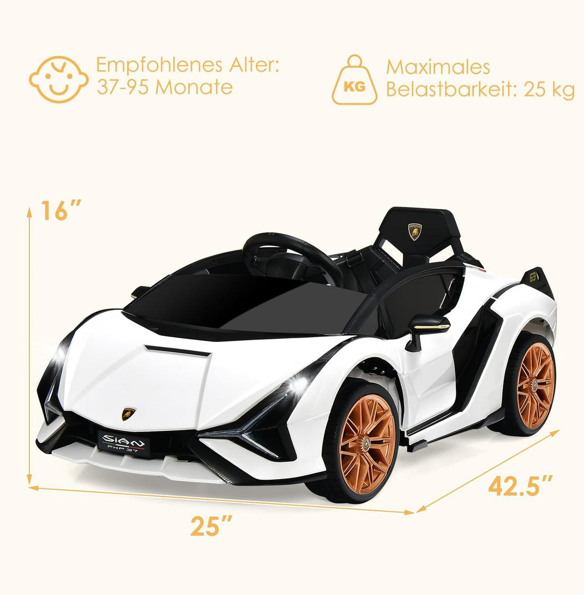 DETSKÉ AUTO Lamborghini 12V biele - biela, plast (64/41/108cm) - COSTWAY