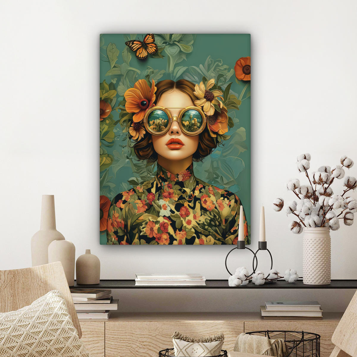 LEINWANDBILD Frau - Blumen - Schmetterlinge - Natur - Vintage Wandbild Wohnzimmer 60x80 cm - Salbeigrün, Textil (60/80cm) - MuchoWow