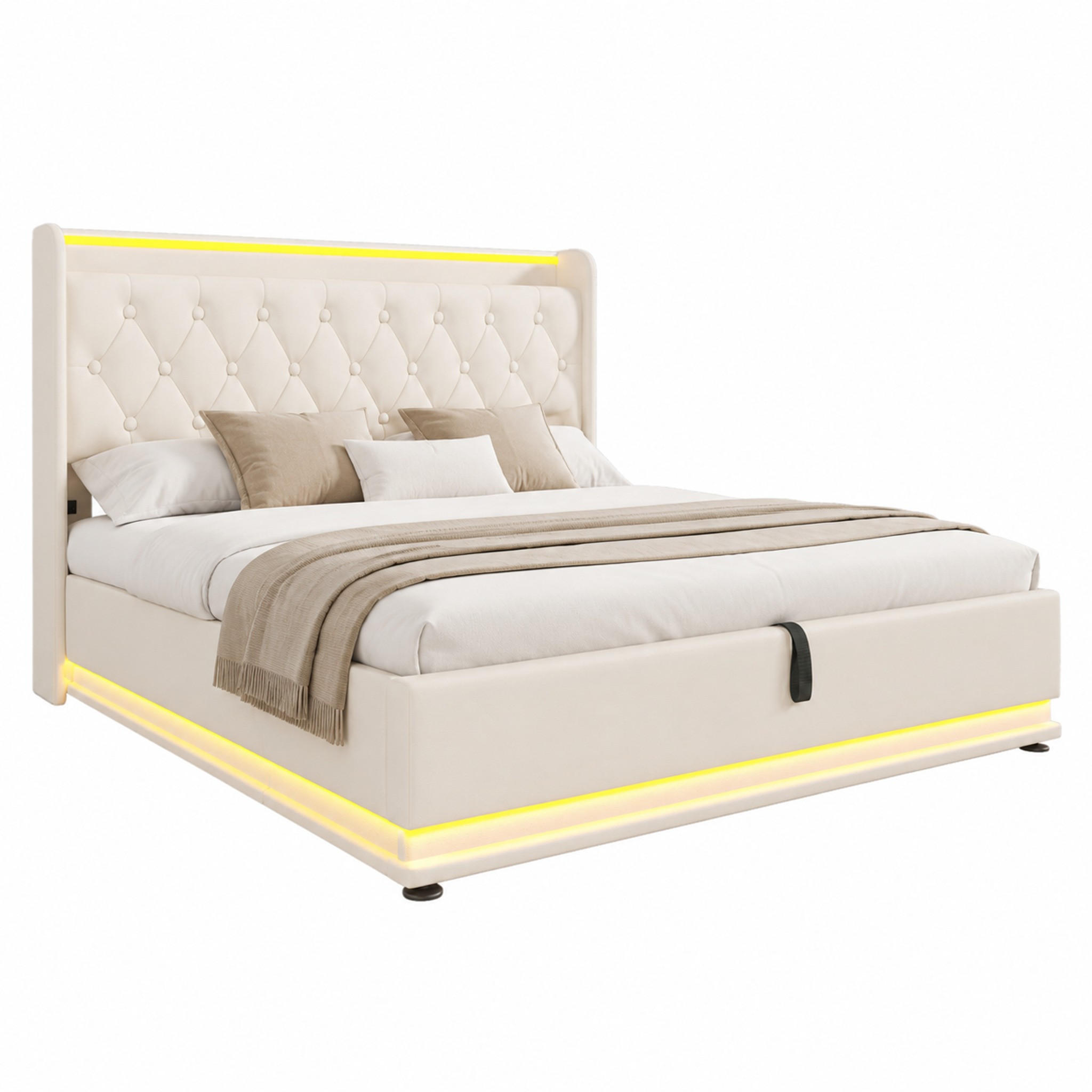 POLSTERBETT mit LED und Stauraum 160x200 cm PU Weiß - Weiß, Metall (160/200cm) - Meubliv