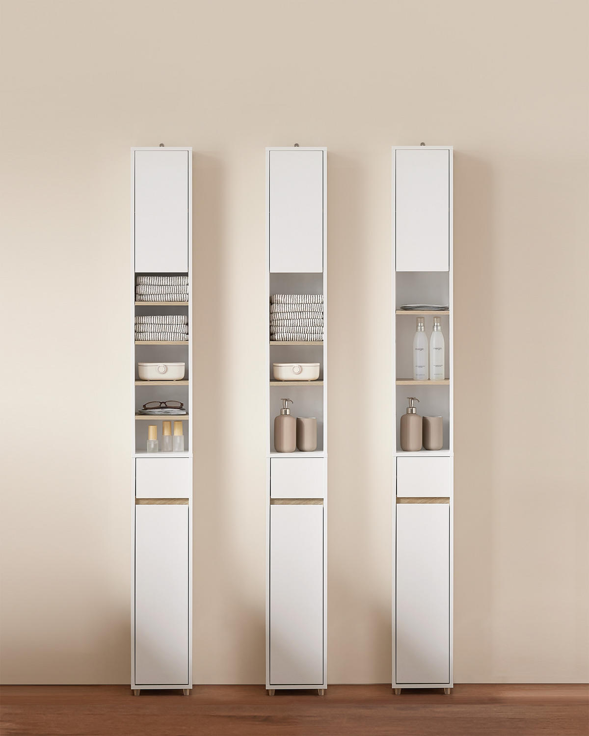 HOCHSCHRANK schmal Badschrank Weiß-Natur 20x20x180 cm - Weiß/Naturfarben, Holzwerkstoff (20/180/20cm) - SoBuy