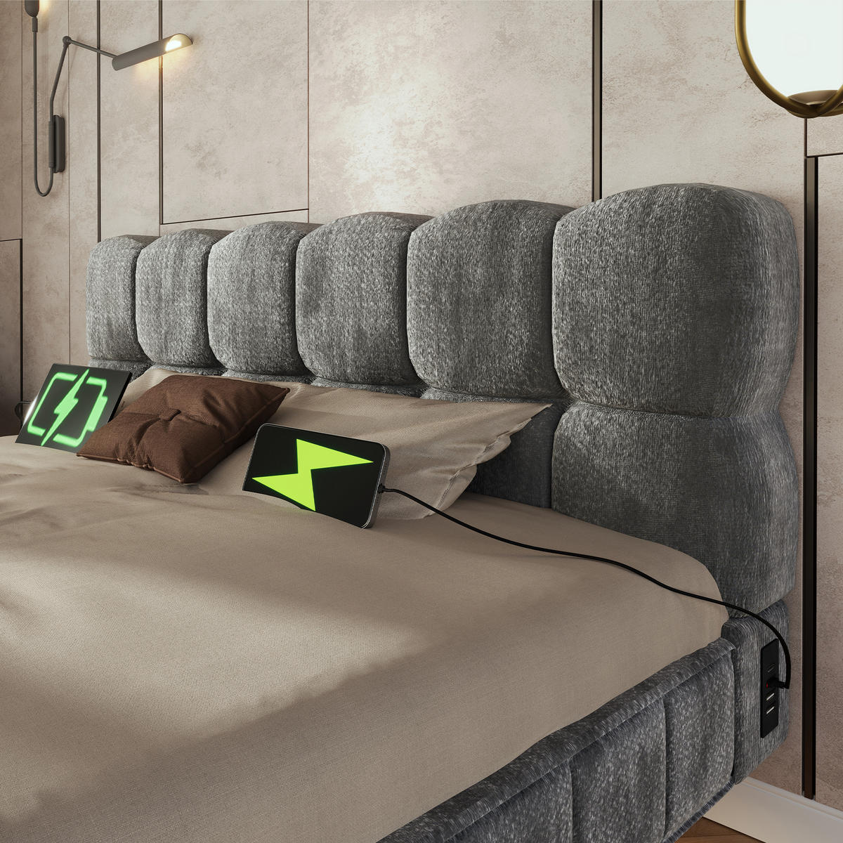 POLSTERBETT 140/200 mit Bettkasten, LED und USB in Grau - Grau, Holzwerkstoff/Textil (140/200cm) - EVRYAE