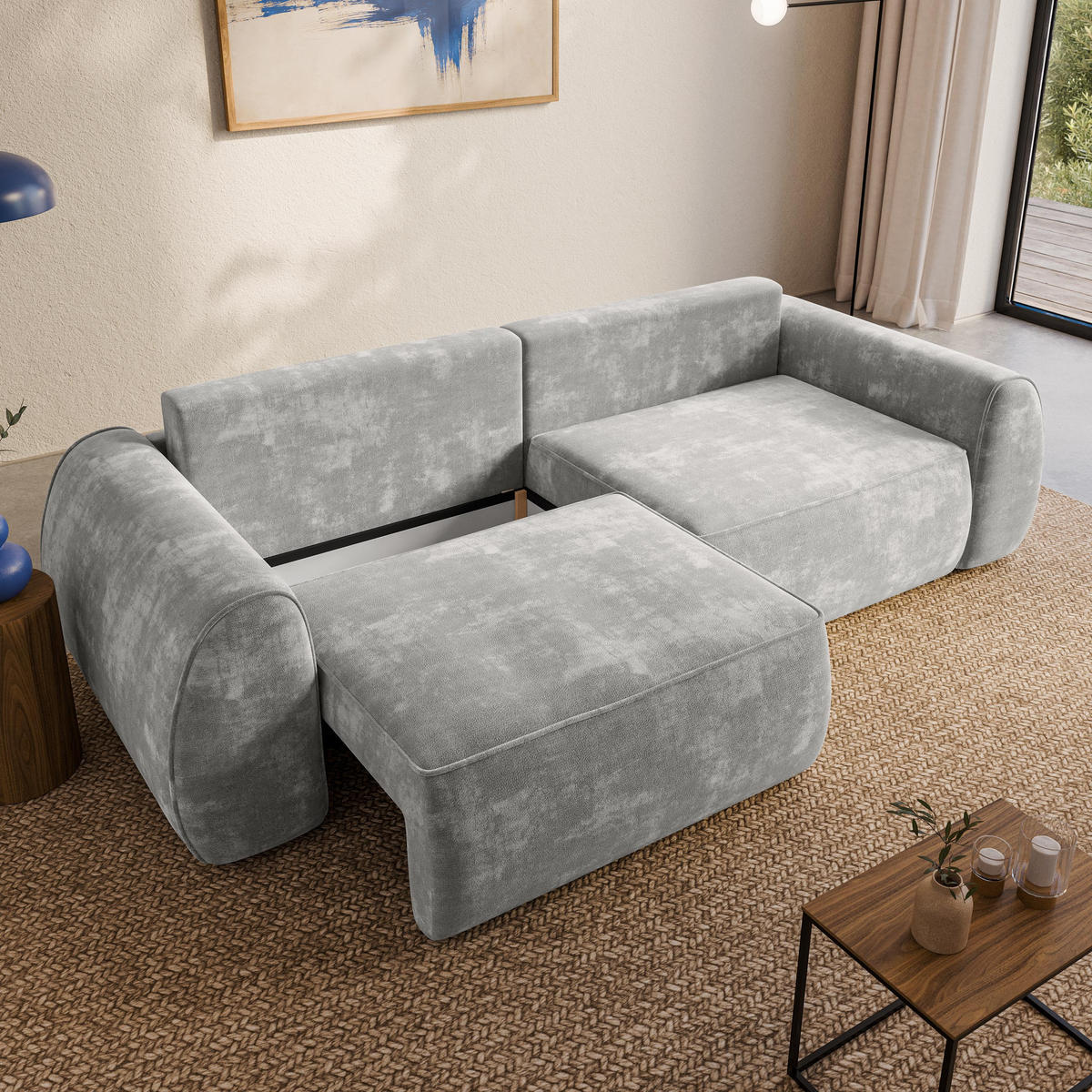 BETTSOFA ZEFEO Hellgrau Chenille-Stoff mit Schlaffunktion - Hellgrau, Textil (264/96/106cm) - MASSENO