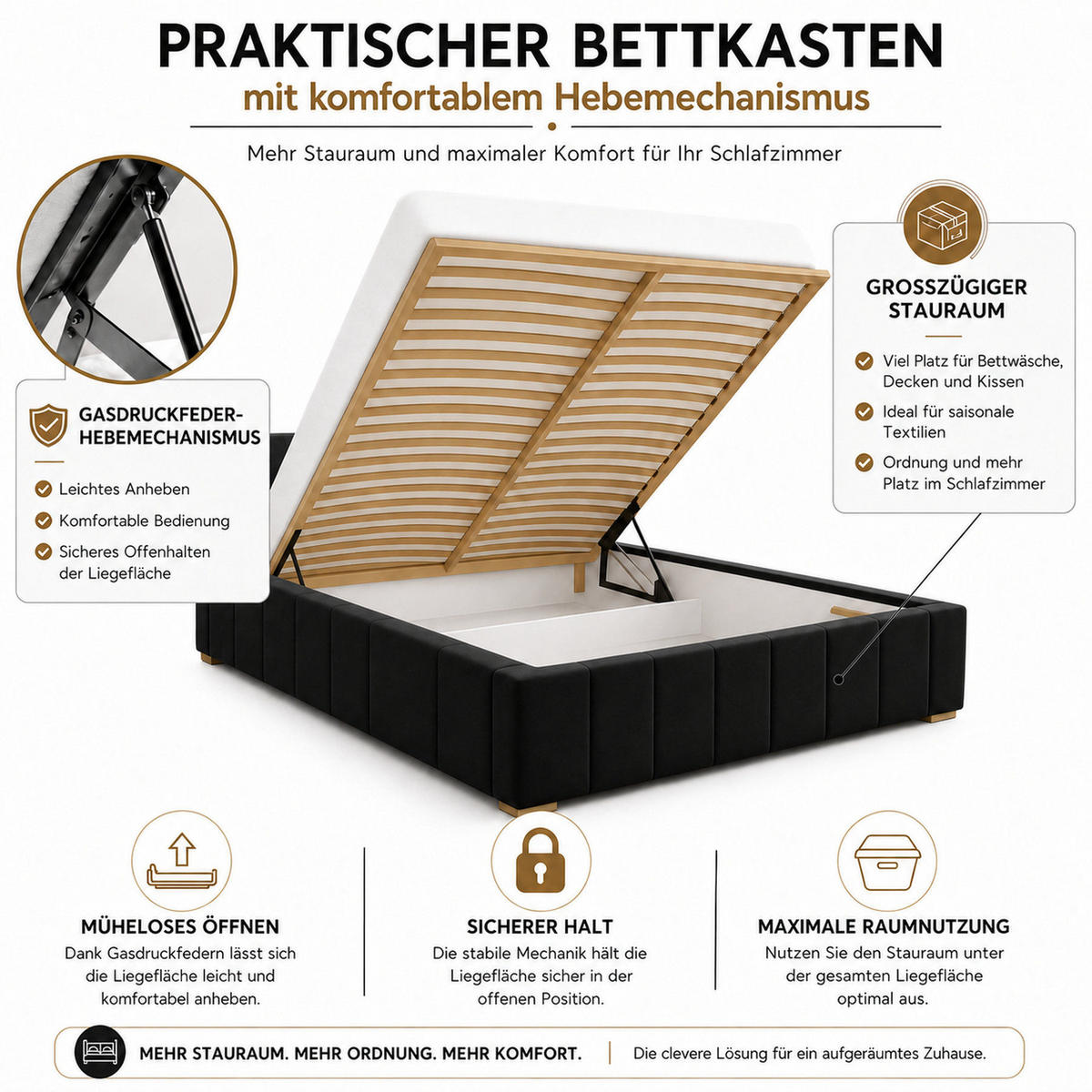 POLSTERBETT 140x200 cm, Alma, Doppelbett mit Bettkasten, Lattenrost aus Holz, Velourstoff, Schwarz - Schwarz, Holz/Textil (140/200cm) - Marpur