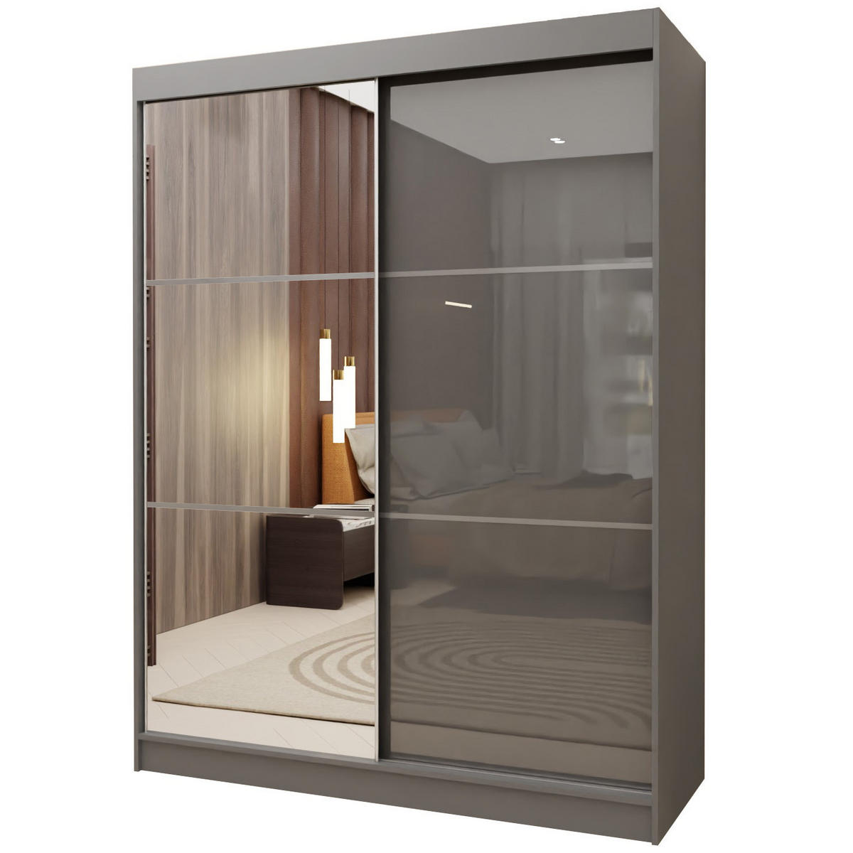 SCHWEBETÜRENSCHRANK VITALE 150/216/61 cm 2-türig mit Spiegel Grau - Grau, Holzwerkstoff (150/216/61cm) - MASSENO