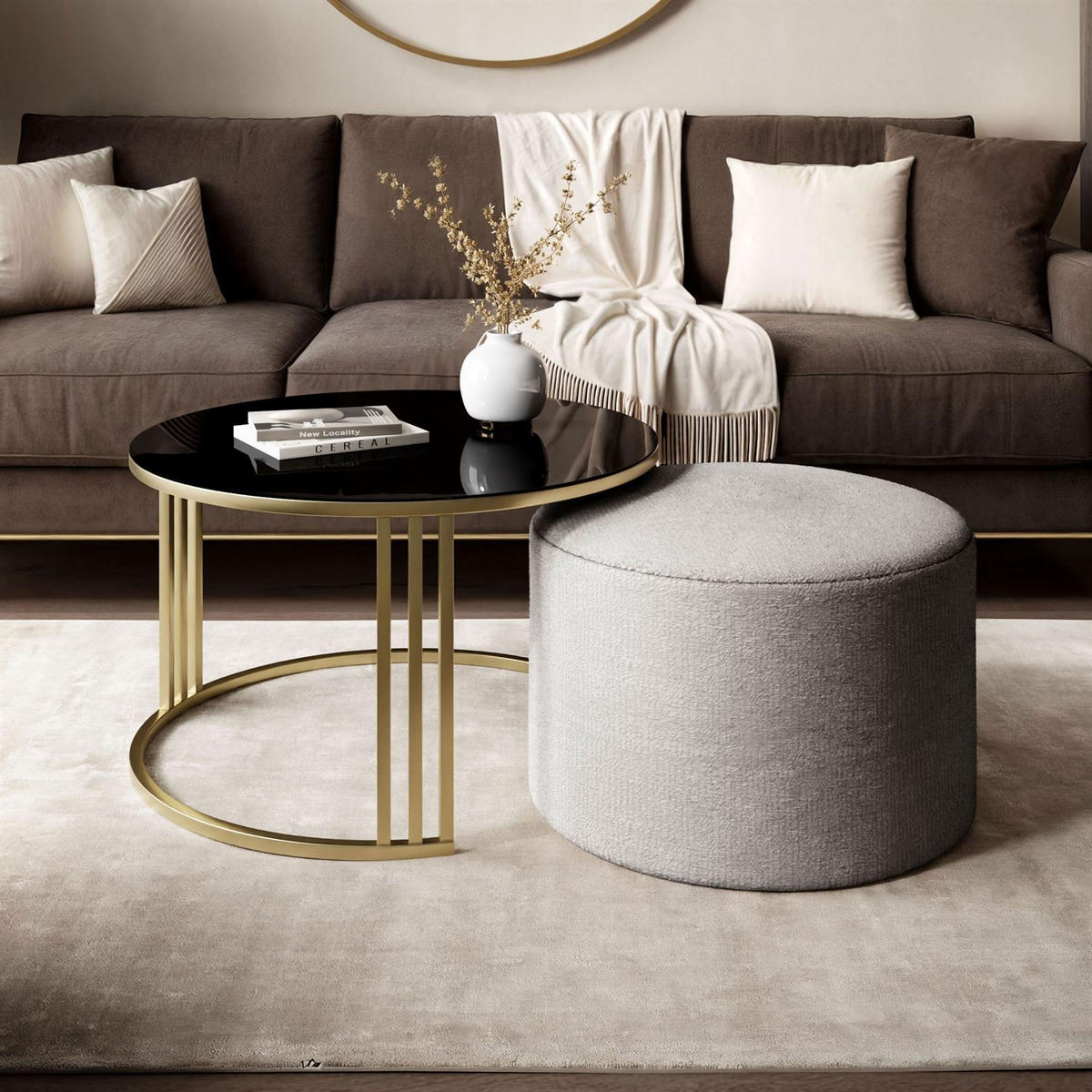 COUCHTISCH mit Hocker LORI GLASS gebürstetes Gold/schwarzes Glas/Perfect Harmony 82 - Schwarz, Metall (70/70/49cm) - Lookway