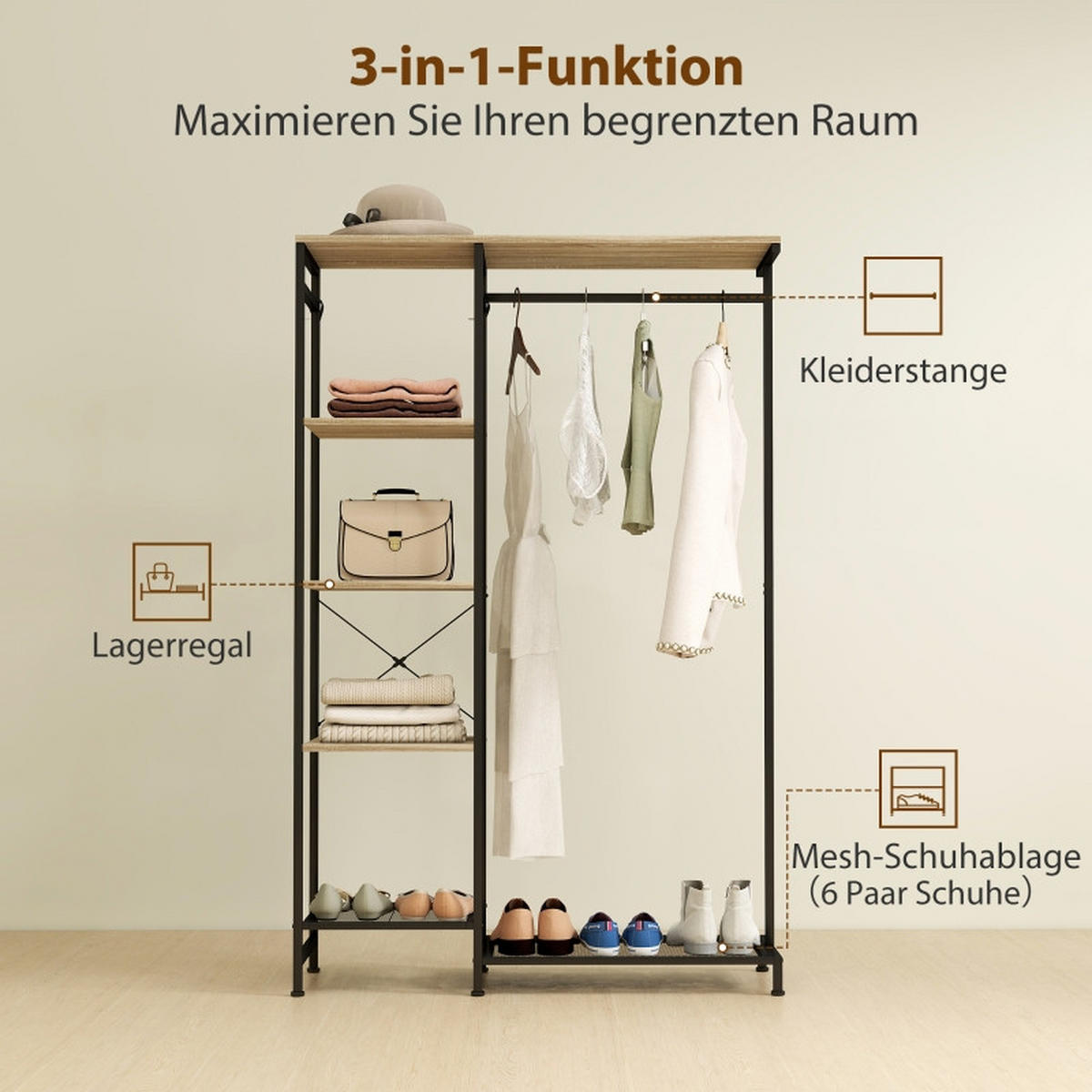 STANDGARDEROBE 100/35/156 cm mit Kleiderstange, Schuhablage und Ablage in Eiche - Eichefarben, Metall (100/156/35cm) - BEAOK