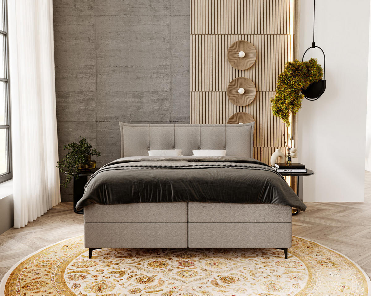 BOXSPRINGBETT Boucle 200x200 Liron mit Kissen-Kopfteil und Matratze, Hellgrau - Hellgrau, Holz/Textil (200/200cm) - Emporius