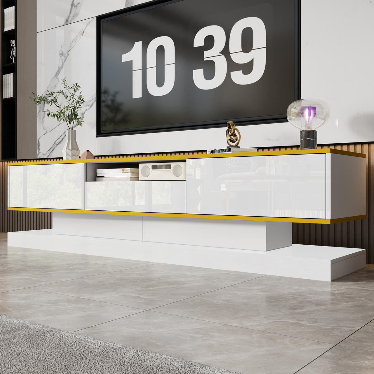 TV-ELEMENT180X38X45CM Weiß-Hochglanz mit LED-Beleuchtung und 3 Schubladen - Weiß, Holz (44.45/20.96/78.74cm) - Raelunyi