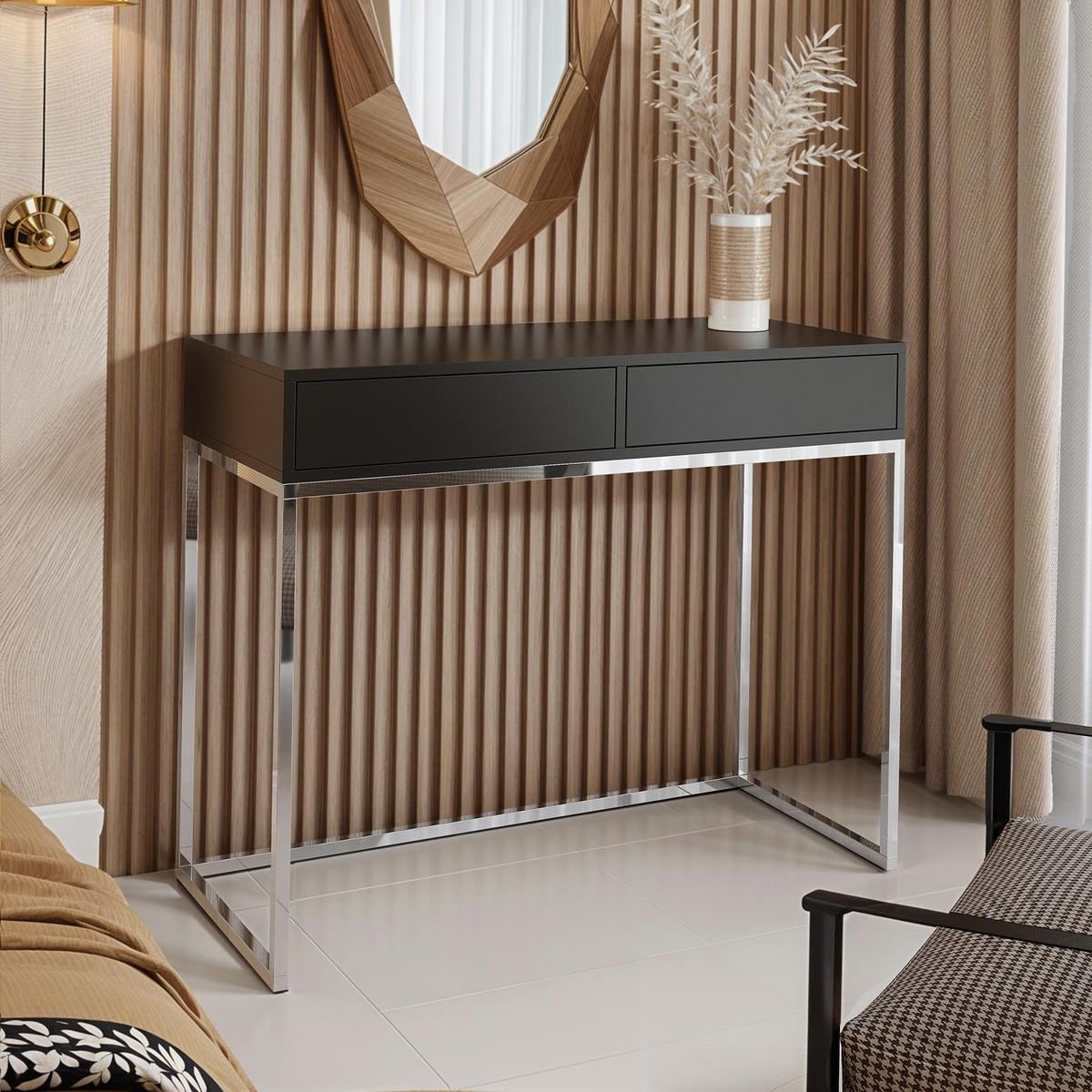 SCHMINKTISCH Cubic 80 Schwarz, mit Chromgestell - Chromfarben/Schwarz, Holzwerkstoff/Metall (35/80/80cm) - Bettso