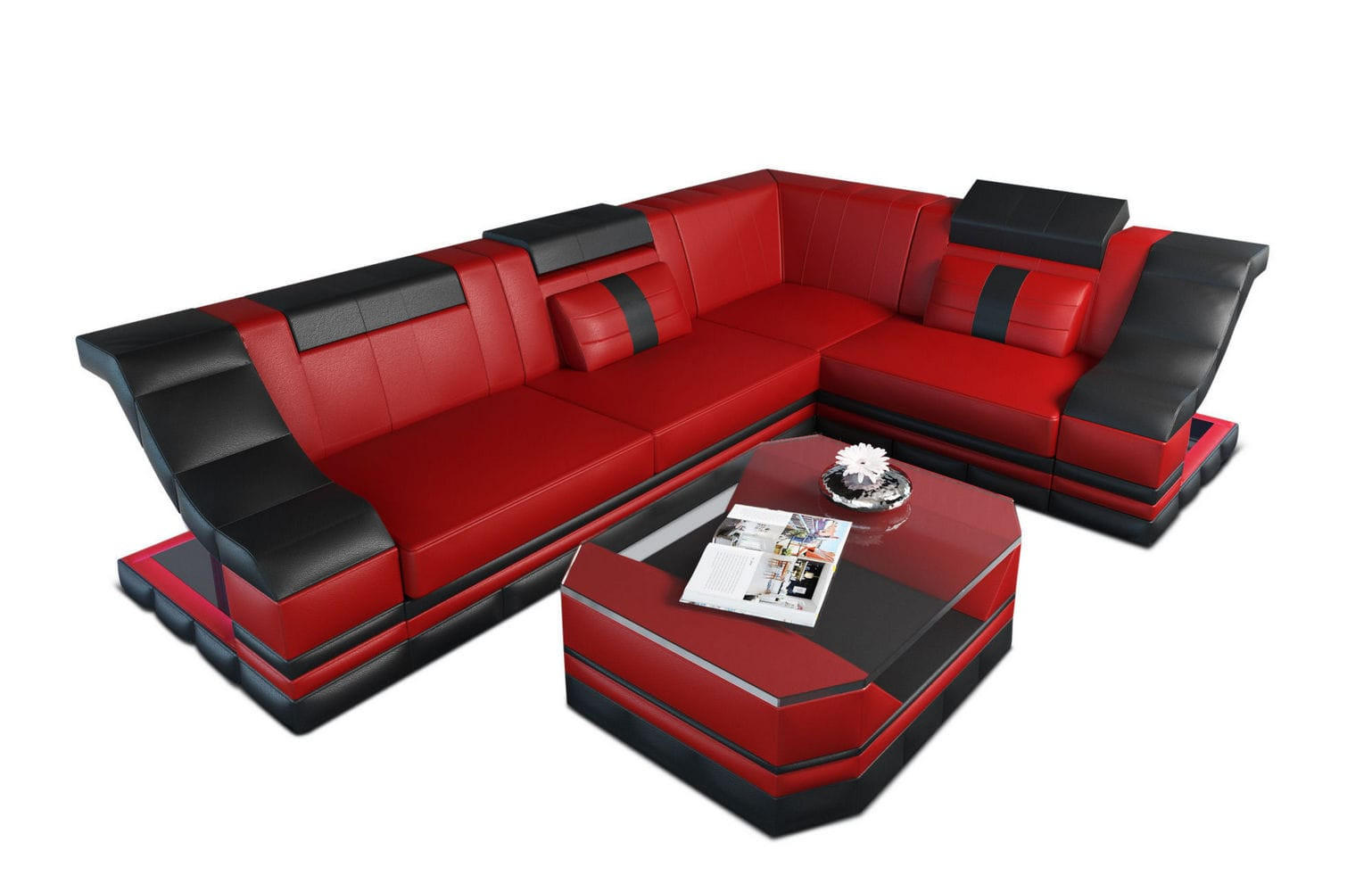 COUCH Bianchi Rot Schwarz Büffelleder - Rot, Leder (271/196cm)