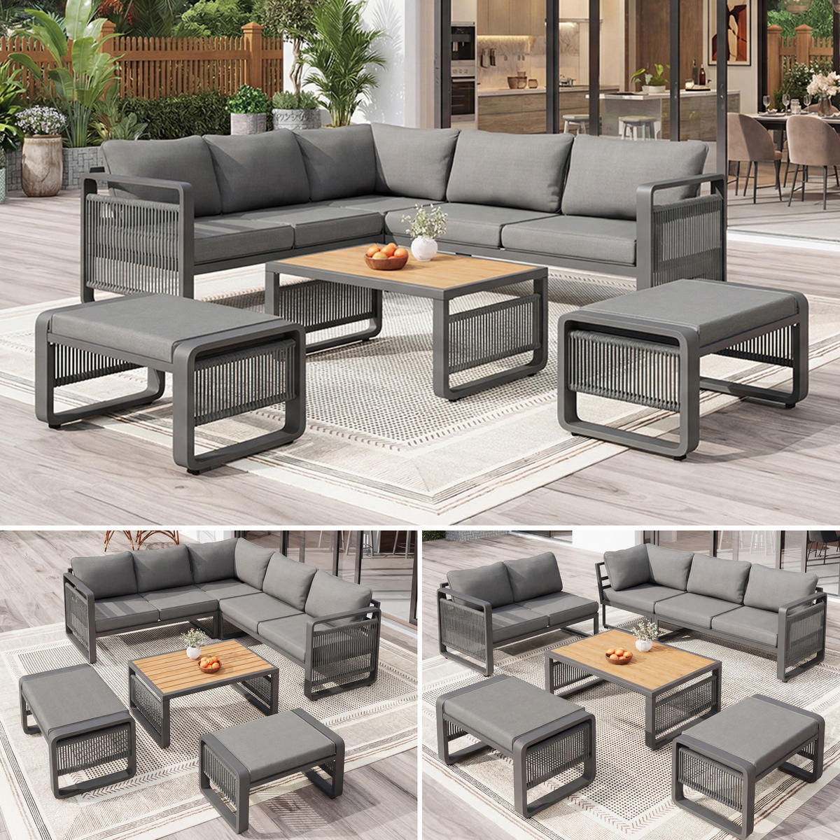GARTENLOUNGE Grau 6-7 Personen Ecksofa Eisen Seil Kissen Set - Grau, Metall - FLIEKS