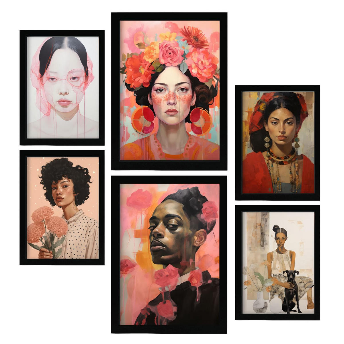 POSTER Set Mit 6 Porträtmodelle In Vielseitiger Stil A3 & A4 Schwarzer Rahmen - Schwarz, Papier (29/3cm) - Nacnic