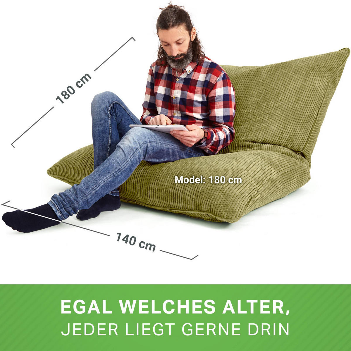 SITZSACK XXL "Square" aus Cord – 370 L - Grün, Textil (140/25/180cm) - Green Bean